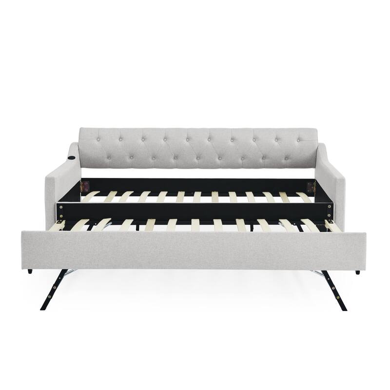 Twin Size Upholstery Daybed with Erectable Trundle & USB Design