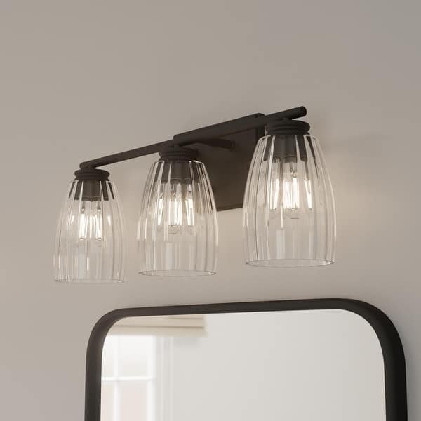 slide 2 of 7, Hunter + Jasmine Roth Rossmoor 3-Light Bathroom Vanity Light w/ Clear Glass - Modern - Designer! Matte Black-Clear - 3-Light Black