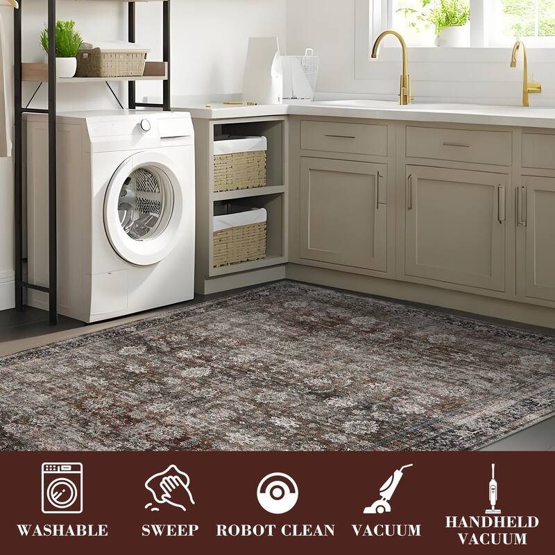 Area Rug Vintage Washable Floral Distressed Living Room Rugs, Soft Low Pile Non-Slip Rugs for Bedroom