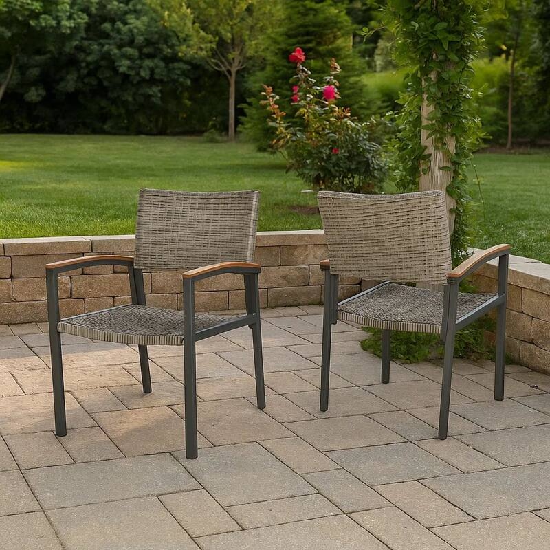 Outdoor Dining Chair Set of 2, Mesh Seat, Gray Rattan and Brown Faux Wood