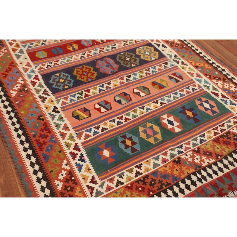 Vegetable Dye Striped Kilim Qashqai Persian Vintage Wool Carpet - 4'11"x 8'0"