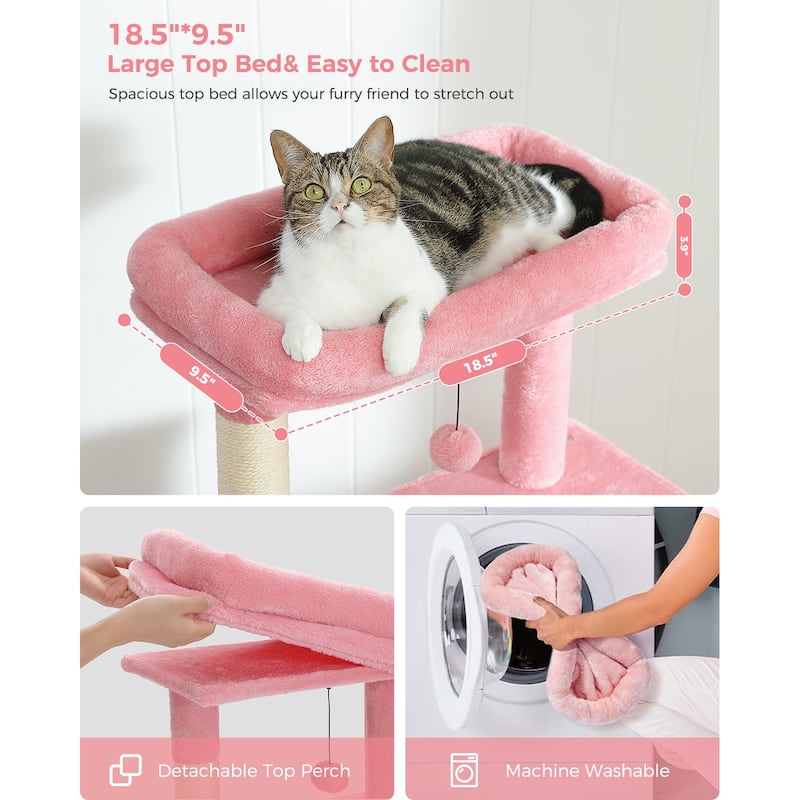 Cat Tree with Large Top Perch, Plush Hammock, 2 Condos, Dangling Pompom & Cat Scratching Posts