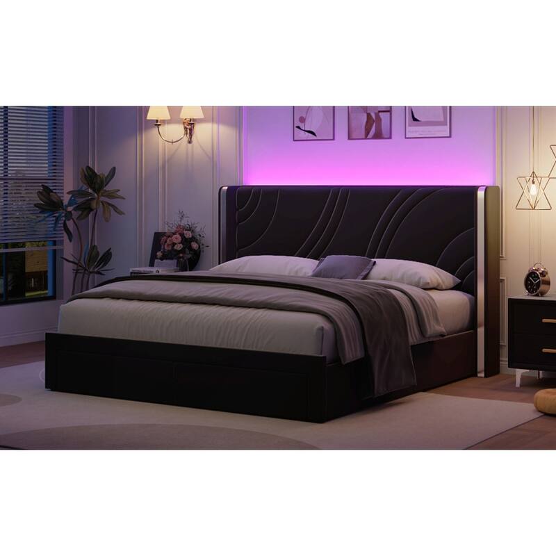 Queen Size Modern Upholstered LED Bed Frame