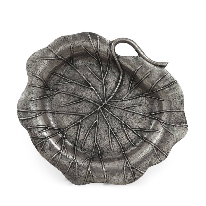 Haily Decorative Tray Platter, Flower Shaped Vein Details, Nickel Tone