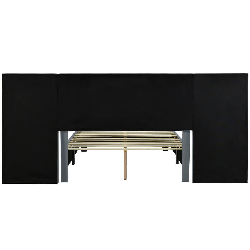 Upholstered Platform Bed with Oversized Headboard and 2 Side Shelves, Comfort & Soft Velvet Bed Frame Vertical Stripes Backerest