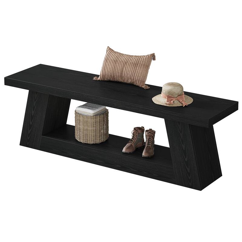 63" Extra Long Wooden Entryway Bench, 2-Tier Storage Shelf Hallway Seating Bench for Living Room, Bedroom, Kitchen