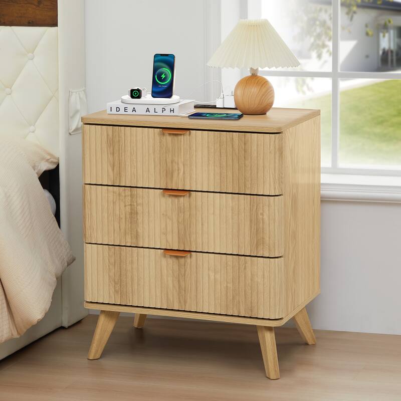 23.62in.W End Table 3-Drawer Nightstand with Charging Station - Natural