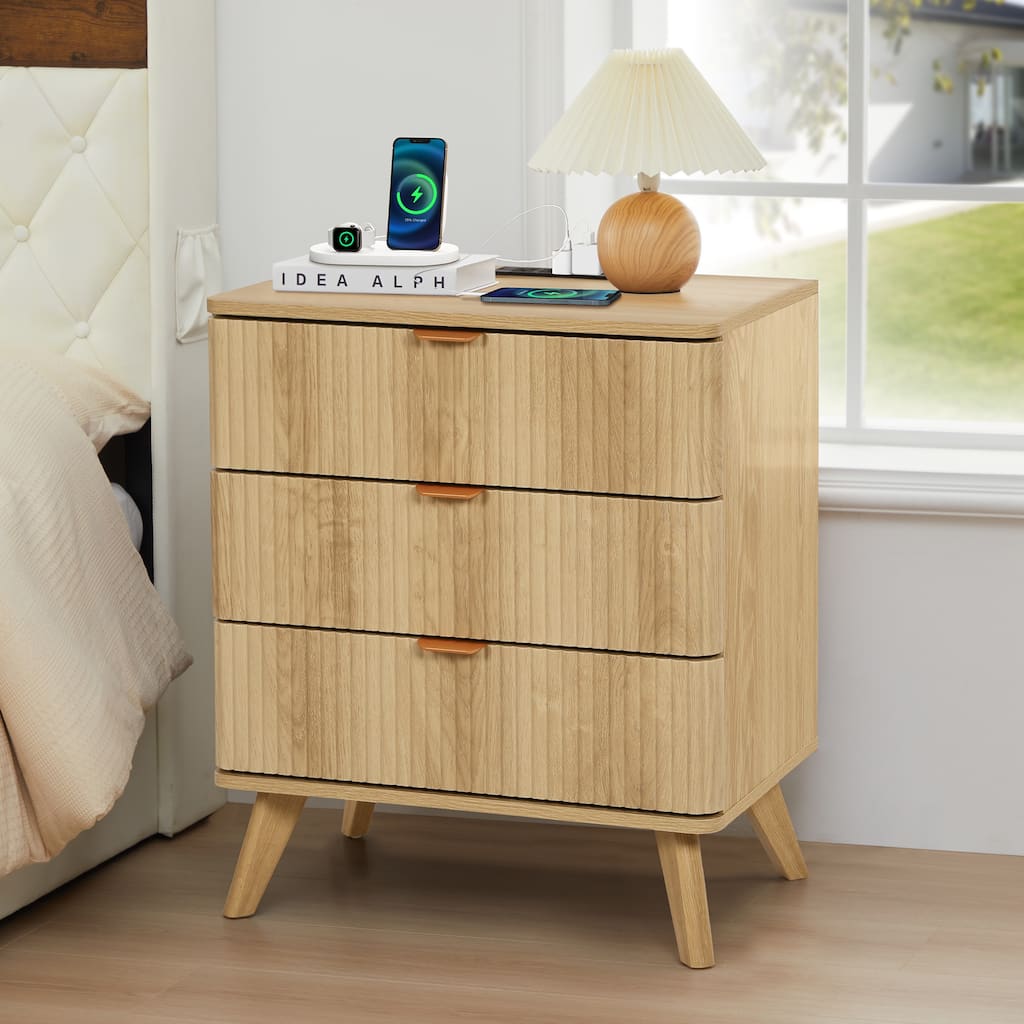 23.62in.W End Table 3-Drawer Nightstand with Charging Station