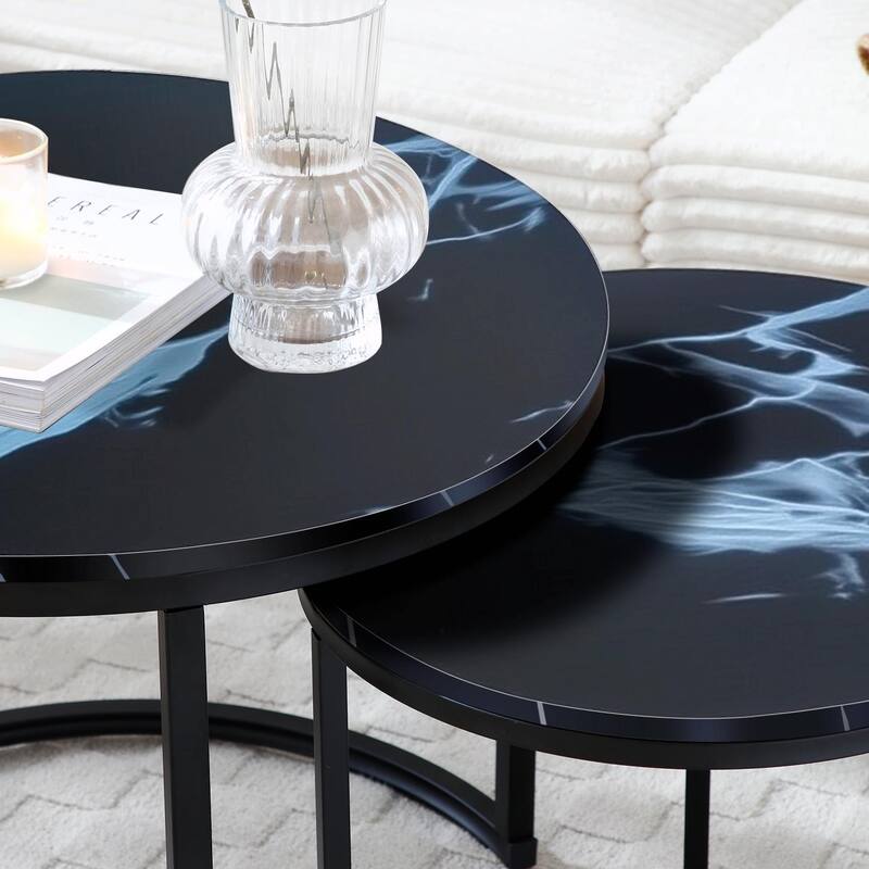 Modern Nesting Tables - Black Marble Round Set, Industrial Style