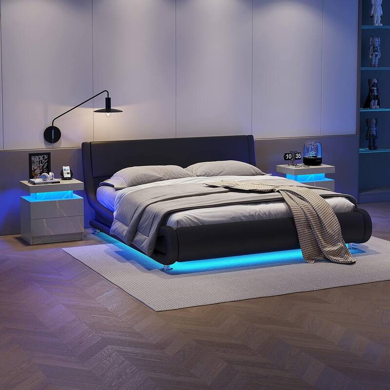 Nightstand LED Bedside Table Cabinet Lights Modern End Side with 2 Drawers for Bedroom