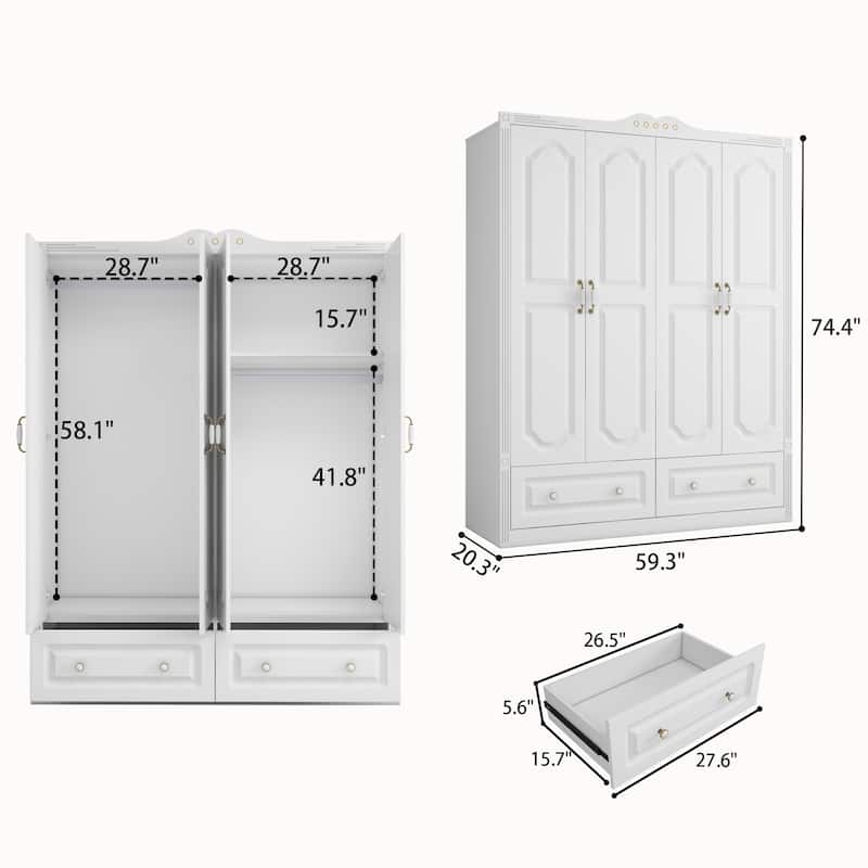 White Wardrobe Closet with 2 Drawers - Modern Storage Cabinet