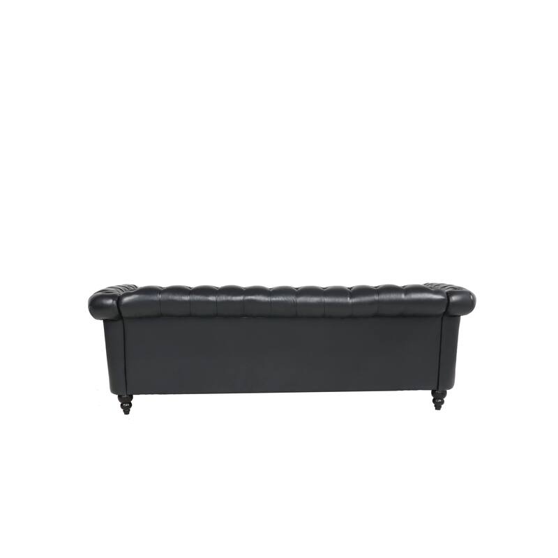 84" PU Leather 3-Seat Sofa with Silver Studs Trim, Button Tufted Back & Arms and Comfortable Cushion for Living Room