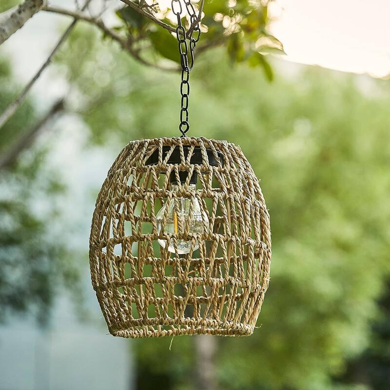 Twine hooks hanging lamp brown, beige solar light rattan, bamboo porch light