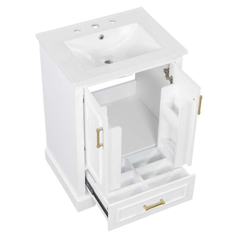 Bathroom Vanity with Ceramic Sink, Freestanding Bathroom Cabinet with Double Shelf, 1 Divided Drawer & 2 Soft Close Doors