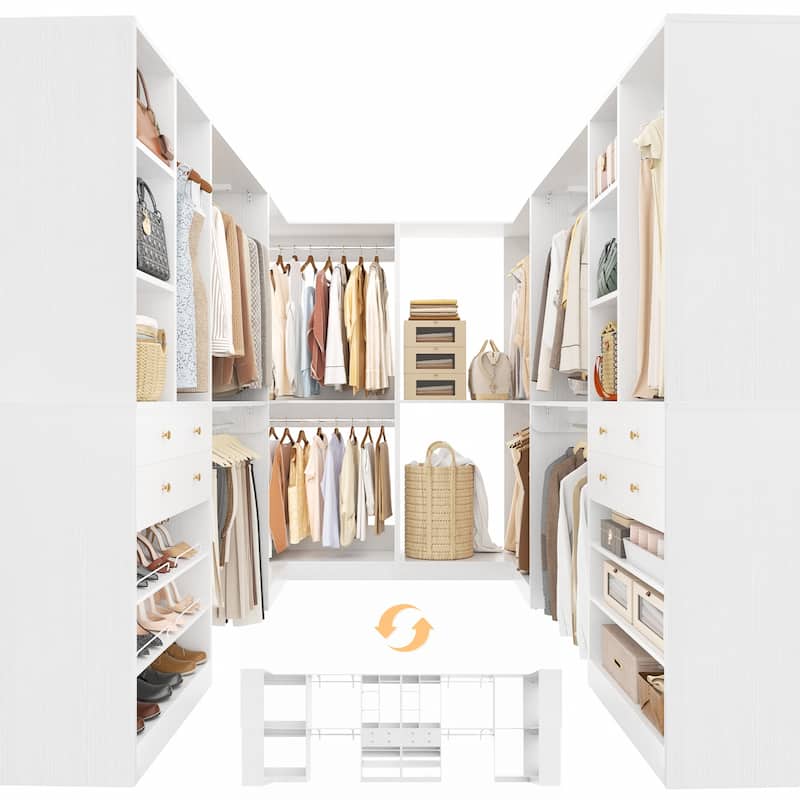 Set of 4 U-Shaped Closet Organizer System with Wood Drawers, Amoire Wardrobe with Shoe Racks