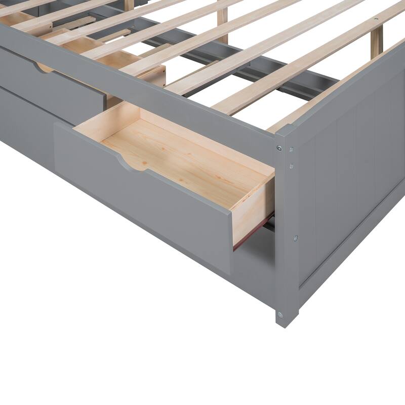 Full Size Wooden Captain Bed with Bookshelves, Storage Drawers & Trundle in Light Grey