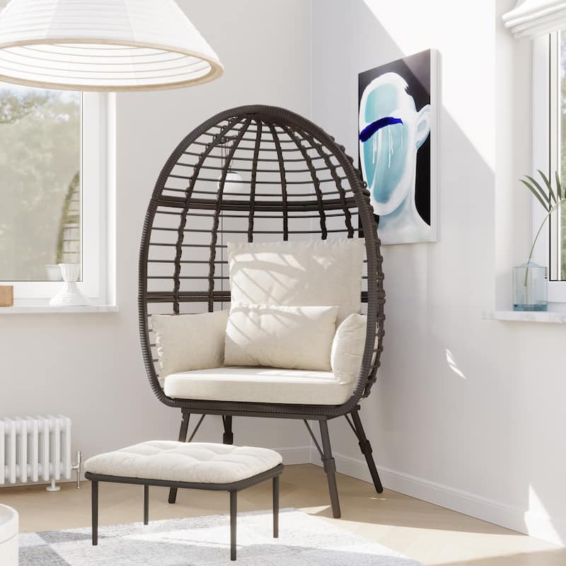 Cozywor Patio Indoor/Outdoor Egg Lounge Chair with Ottoman and Cushions - Beige