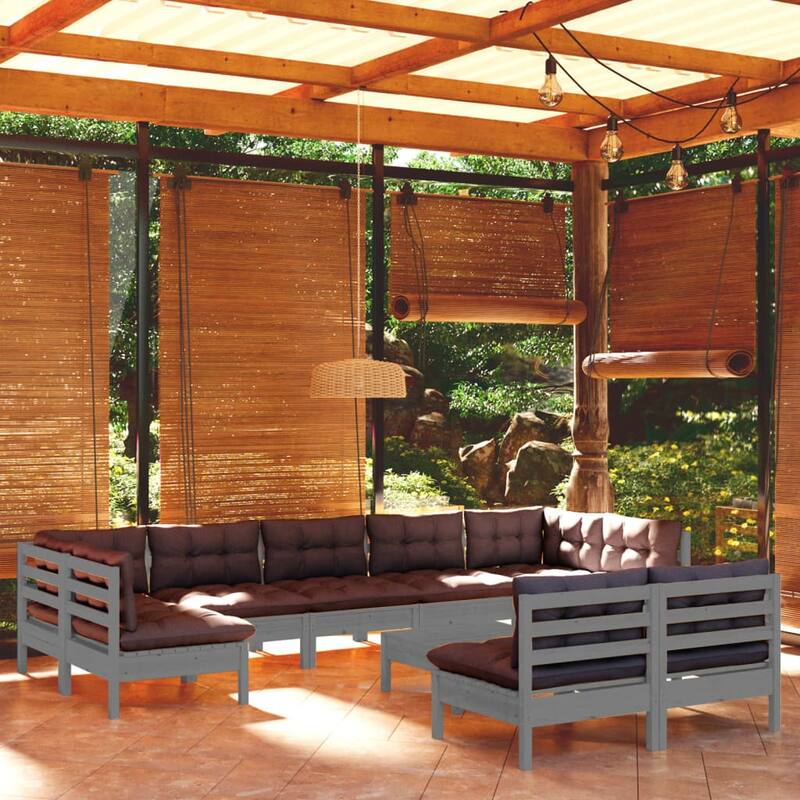 vidaXL Solid Pinewood Patio Lounge Set 11 Piece with Cushions Multi Colors - Grey