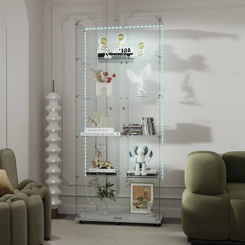 Tempered Glass Display Cabinet,Wine Cabinet,Storage Cabinet with Bluetooth LED Light Strips, Lock on Door, Tempered Glass Top