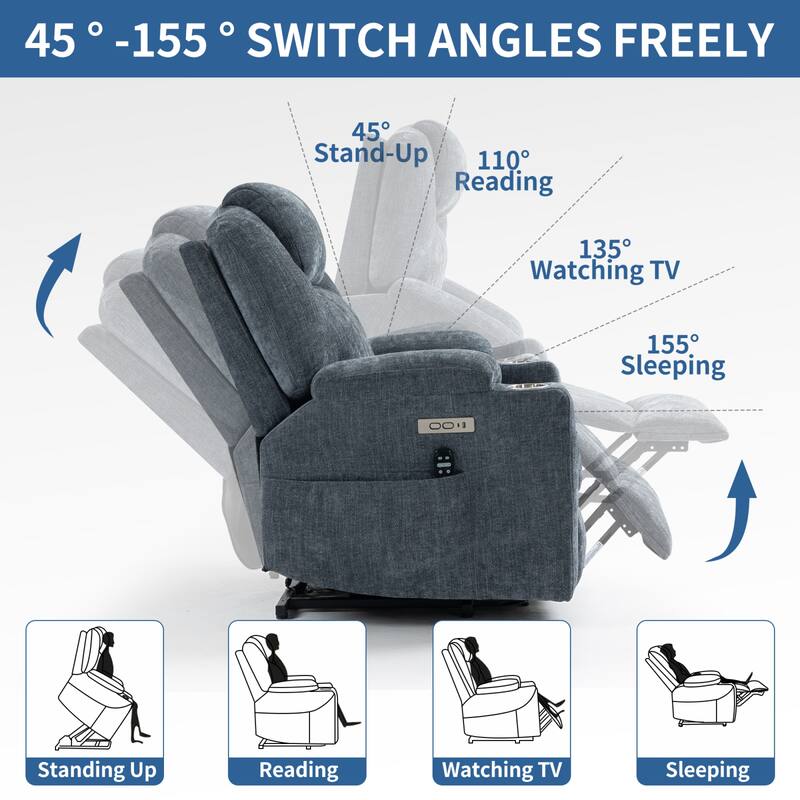 Roomfitters Power Lift Recliner Chair with Heat Massage USB C Charging Ports Heavy Duty Fabric Sofa with Cup Holders, Blue