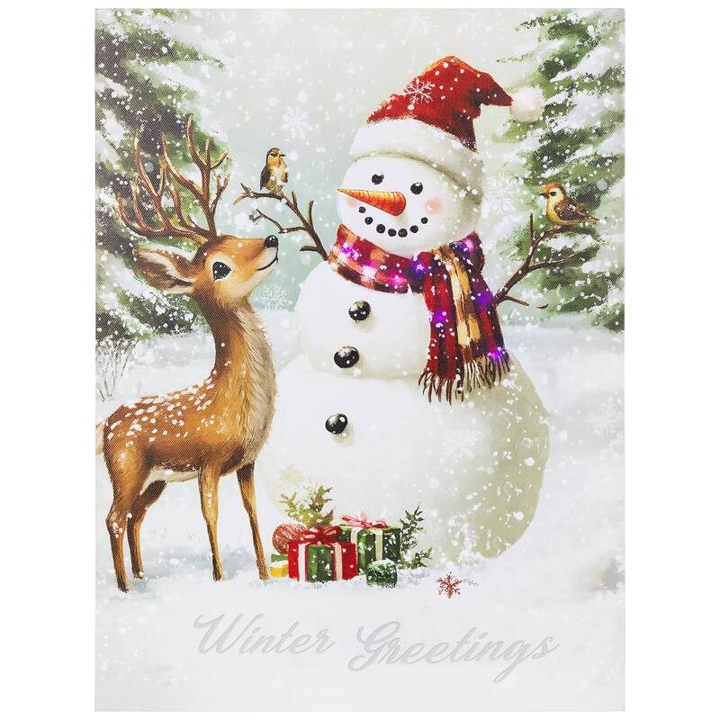LED Lighted Snowman Reindeer Christmas Canvas Wall Art 15.75 x 11.75
