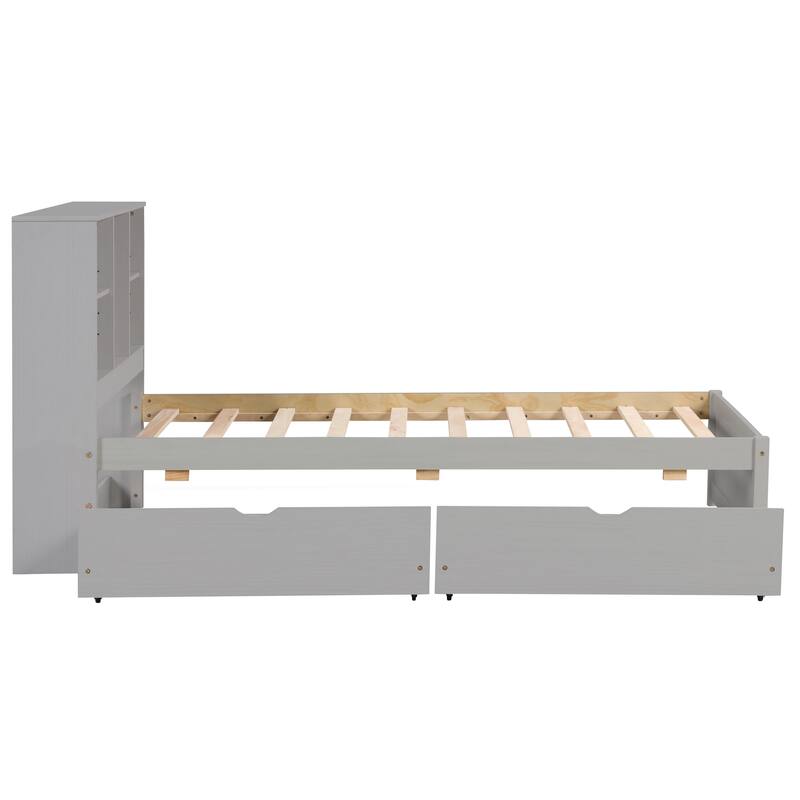 Modern Twin Size Bed Frame with USB Port, Bookcase Headboard, and 2 Drawers in Grey