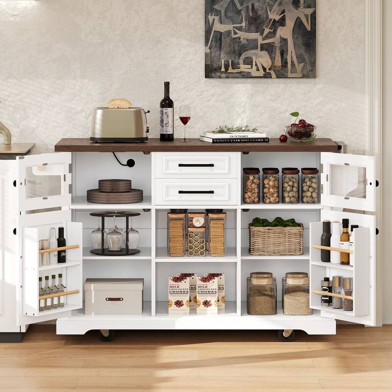54.9" Kitchen Island with Drop Leaf, Power Outlet, with 4 Door Shelves, Cross Barn Doors & Visual Glass Door on 4 Wheels