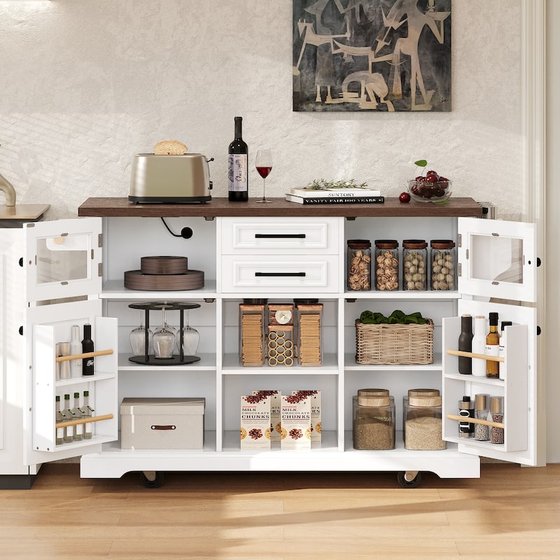 Kitchen Island with Drop Leaf, Power Outlet and 4 Door Shelves
