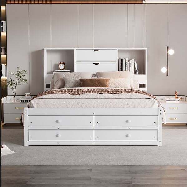 slide 2 of 14, Queen Size Platform Bed with Storage Headboard and 8 Drawers, White White - Queen