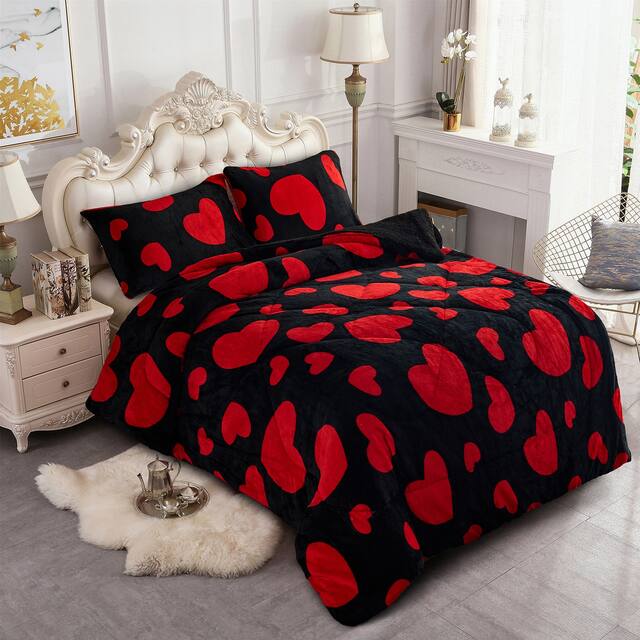 3-Piece Floral Printed Sherpa-Backing Reversible Comforter Set - Black Heart - Queen