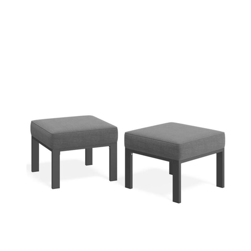 Set of 2, 22" Metal Patio Ottomans Thick Gray Cushions & Gray Frame