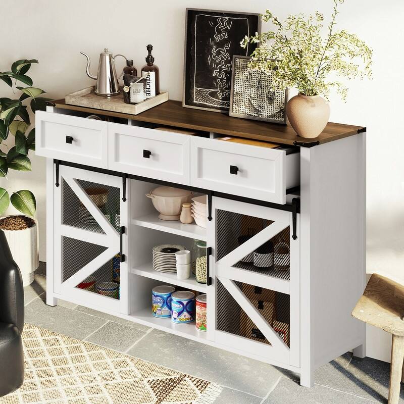 Farmhouse 55" Sideboard with 2 Sliding Barn Doors and 3 Drawers for Stylish Home Storage Solution