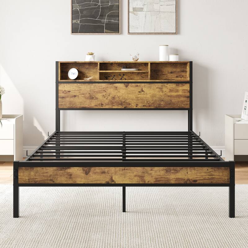 Black Metal and Wood Bookcase Platform Bed with Charging Station