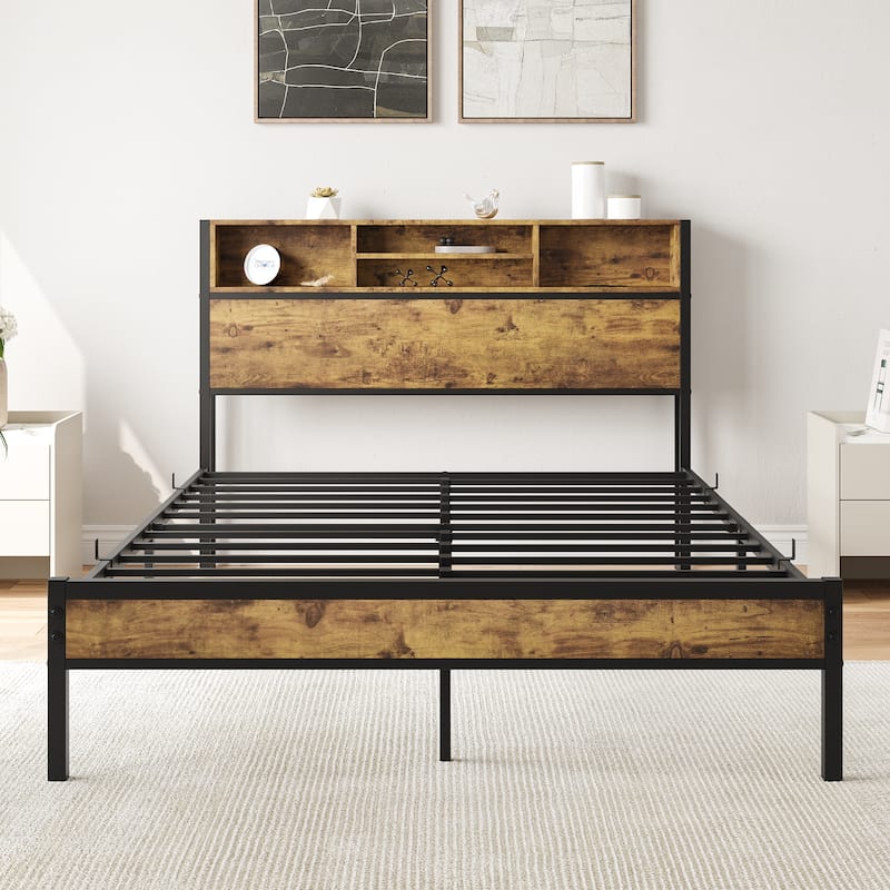 Metal Platform Bed Frame with Wooden Headboard Footboard, Bookcase Storage, Charging Station, No Box Spring Needed, Noise-Free