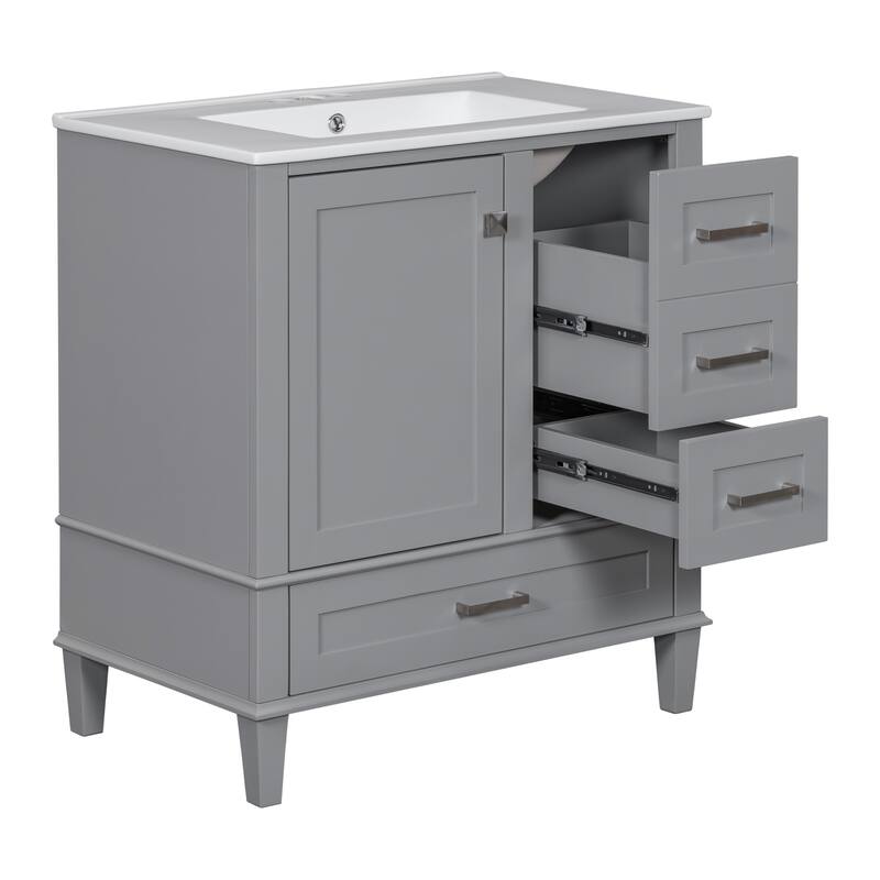 Single Sink Bathroom Vanity Cabinet, Vanity Base & Ceramic Sink Combo Set, 3 Drawers Bathroom Storage Cabinet, 30 Inch