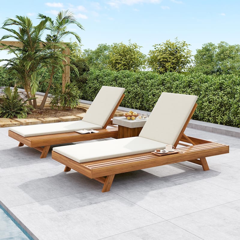 One-sided Open Storage Lounge Chairs Outdoor Patio Acacia Wood Chaise Lounge with Adjustable Backrest & Water-repellent Cushions