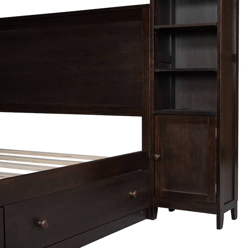 Queen Size Wooden Platform Bed with Built-in Cabinets, Shelves, and Outlets, Espresso Finish
