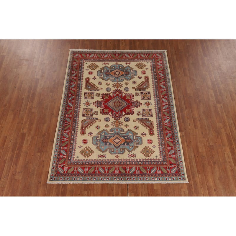 Ivory Kazak Area Rug Handmade Wool Carpet - 5'9" x 7'8"