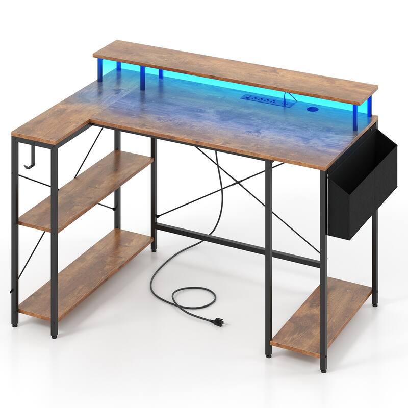 48 Inch L Shaped Computer Desk with LED Lights Gaming Workstation with Monitor Stand Storage - Rustic Brown