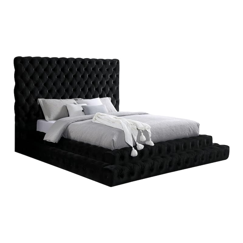 Steph Queen Bed, Black Button Tufted Flannelette Upholstery, XL Headboard