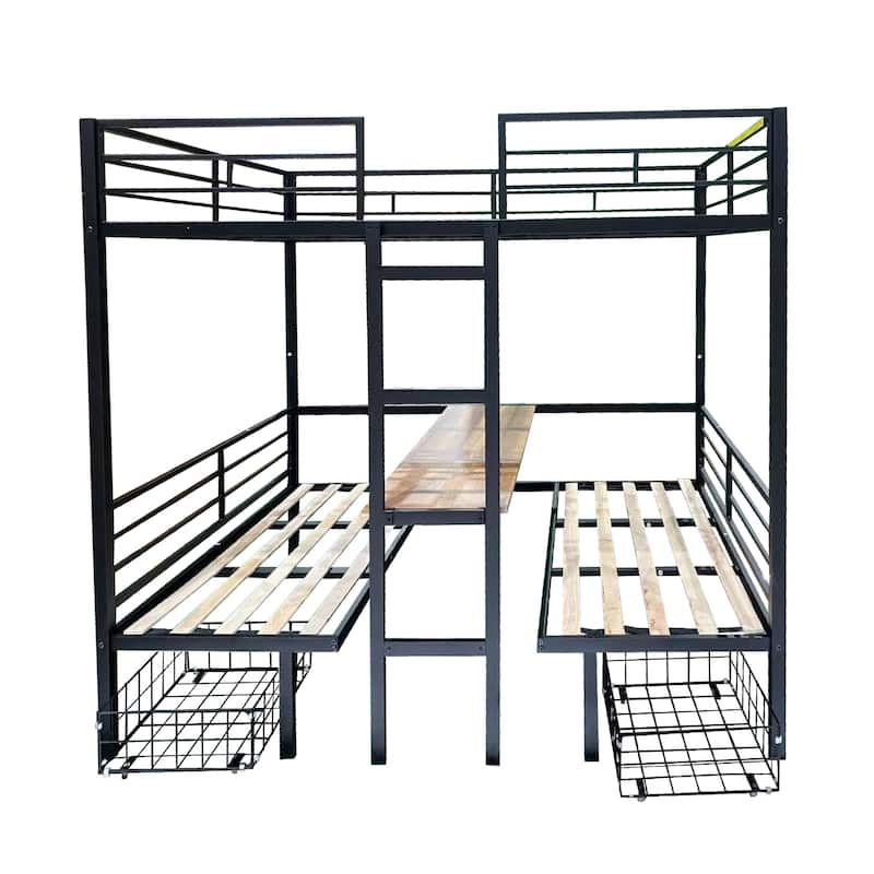 Black Full over Full Size Steel Loft Bunk Bed with Transformable Table Sets