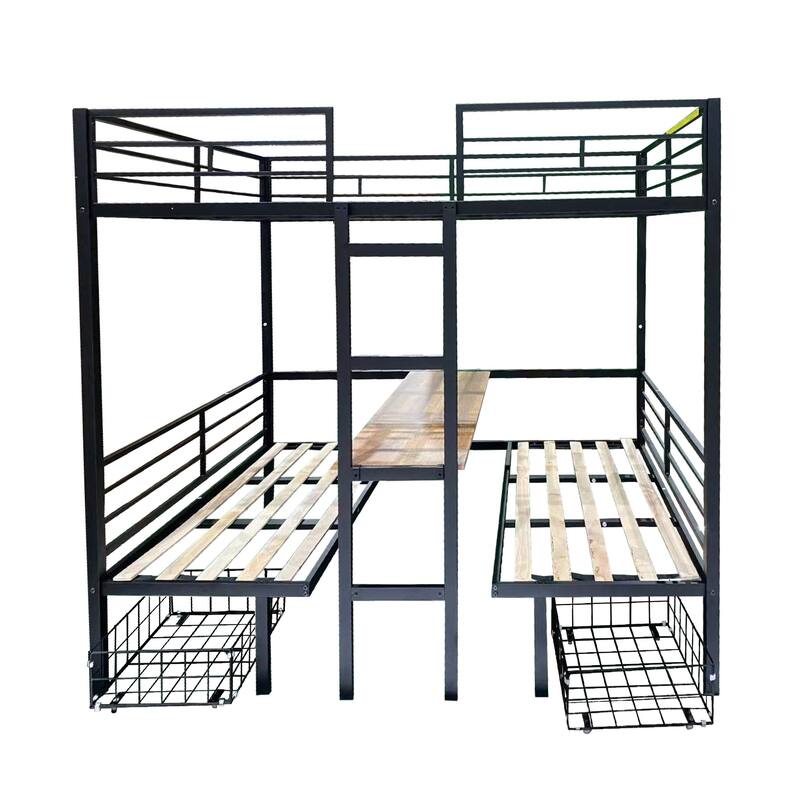 Convertible Full Size Loft Bed with Table & Storage, Metal Frame, Quiet Wood Slats, Safety Rails, Space-Saving Design
