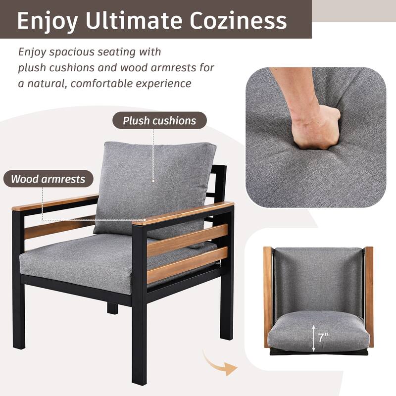 4-Piece Outdoor Sofa Set with Acacia Wood Armrests & Coffee Table, for 5 People