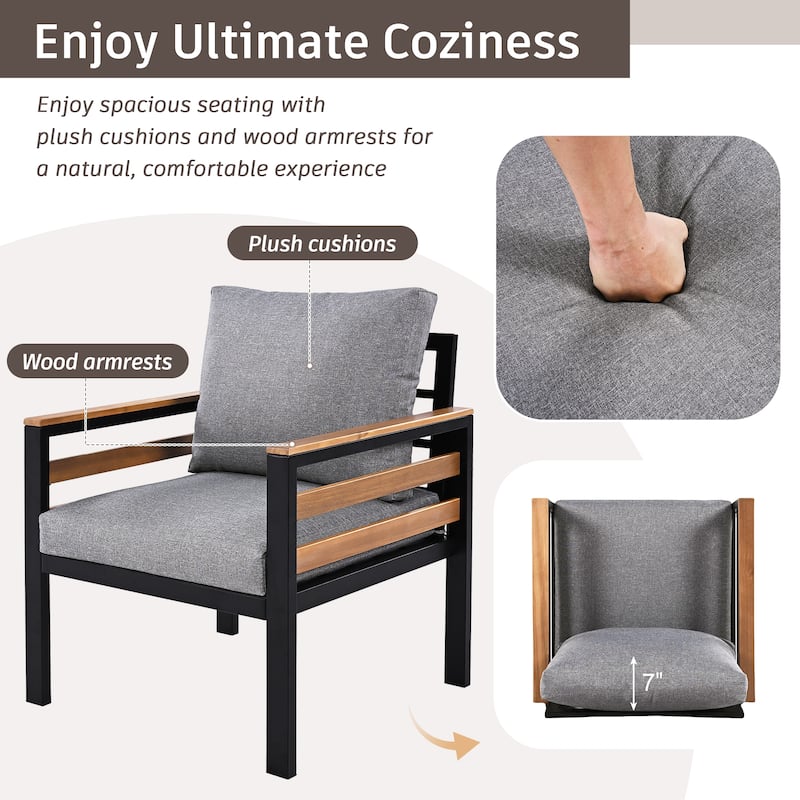 Roomfitters 4-Piece Outdoor Patio Furniture Set with 3-Seater Sofa, 2 Armchairs and Coffee Table, Wood Accents