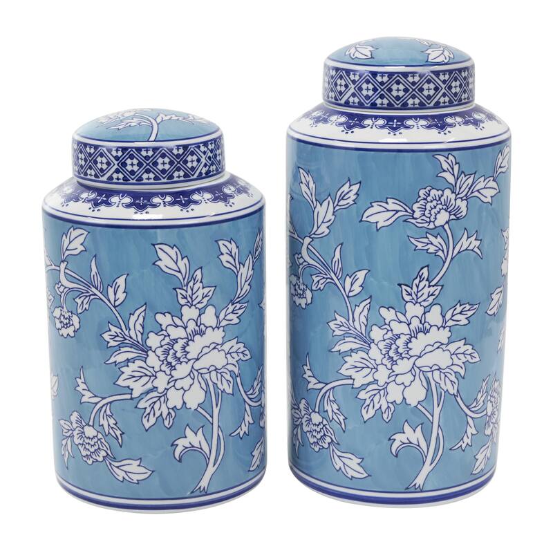 Ceramic Geometric or Floral Living Room Decorative Jars - Set of 2 White, Gold, Silver, Black, Blue - Roche River Decor - Blue - 12", 14"H