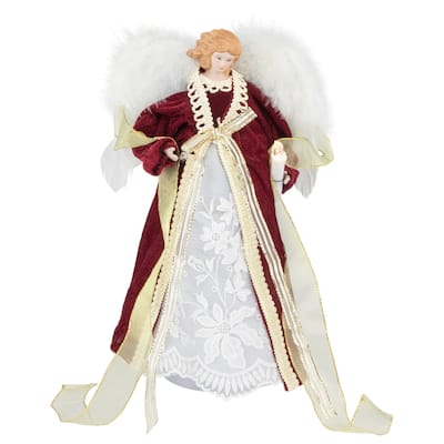 14" Burgundy and White Angel with Lighted Candle Christmas Tree Topper - 14