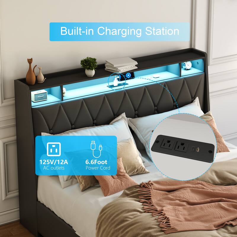 Queen LED Platform Bed Frame with USB Headboard, Charging Ports & Storage Shelf
