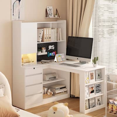 2-in-1 L-Shaped Design Computer Desk withCharger, Drawers,Bookshelf & Hutch, LED Light, Modern Corner Desk with Storage