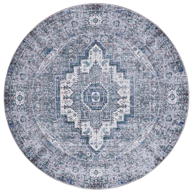 SAFAVIEH Tucson Machine Washable Slip Resistant Hildetraud Oriental Medallion - 6' x 6' Round - Beige/Grey - Round