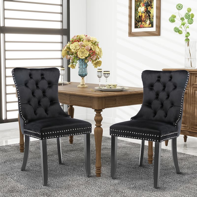 Set of 2 Hollywood Glam Velvet Dining Chairs – Tufted Back with Nailhead Trim and Ring Pull, Modern Accent Side Chairs